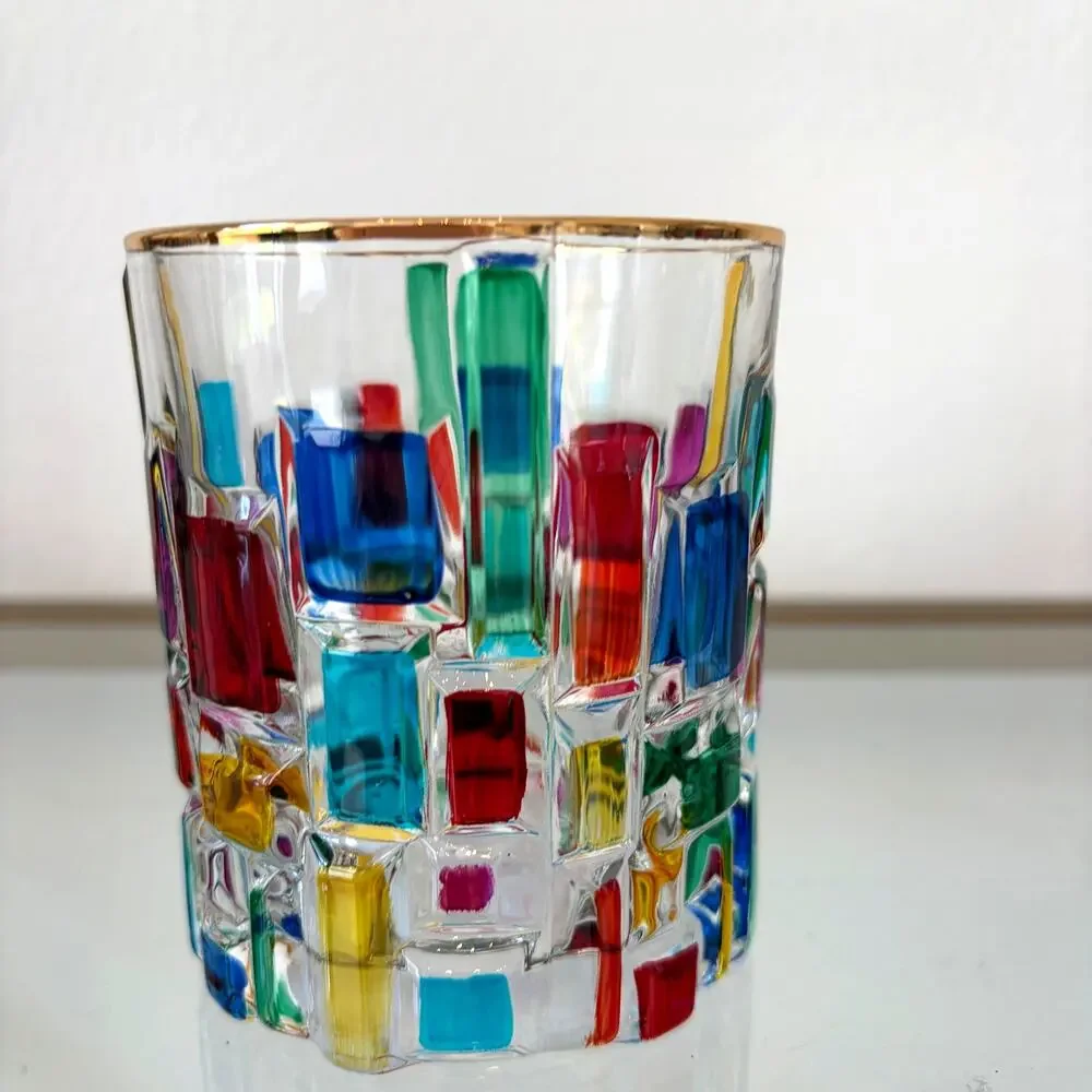 Hand Painted Italian Murano Crystal Whiskey Glasses 2pc 10oz Colorful Mosaic
